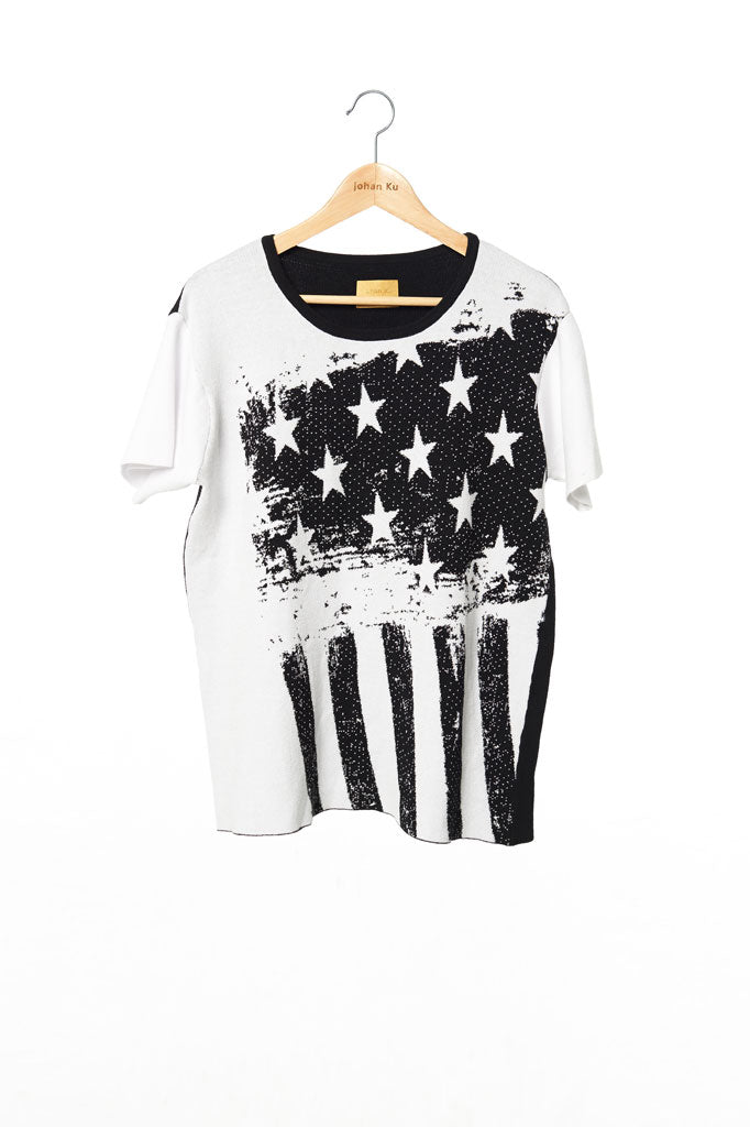 Elliot Collection- America Flag Image Knitted Jacquard Top - White - Johan Ku Shop