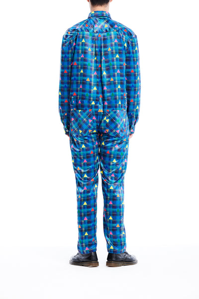 Sean Collection- Zip Front Printed Overalls- Blue Check with Rainbow Triangle Dots