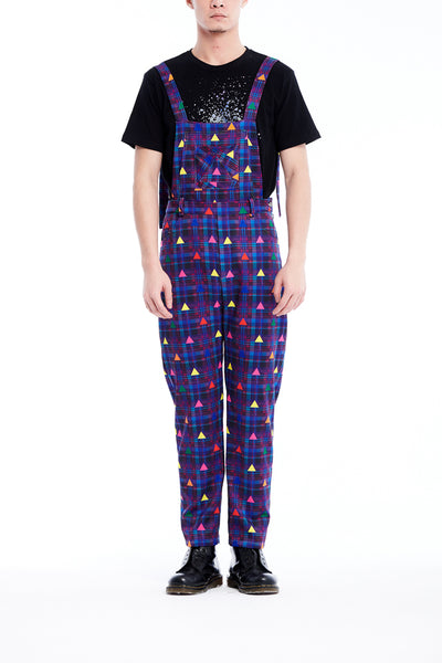 Sean Collection-Printed Overalls- Purple Check with Rainbow Triangle Dots