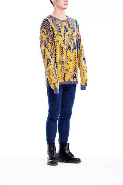 Sean Collection- Chunky Cable Graphic Jacquard Oversized Knitwear- Canary/Blue