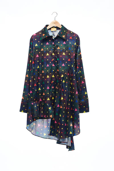 Sean Collection- Asymmetric Cutting Printed Short Dress- Rainbow Triangle Dots/Dark